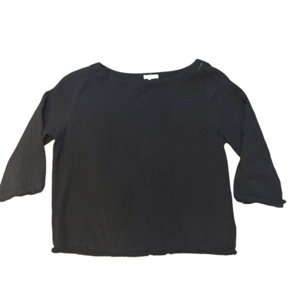 Eileen Fisher Women's Black Blouse With Fringe On Sleeves & Bottom. Size Medium